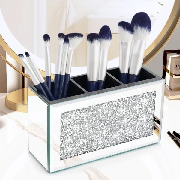 Picture of Crystal Crushed Diamond Silver Makeup Brush Holder Organizer